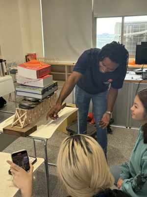 Mr. Delpech explaining the weight distribution during live testing.